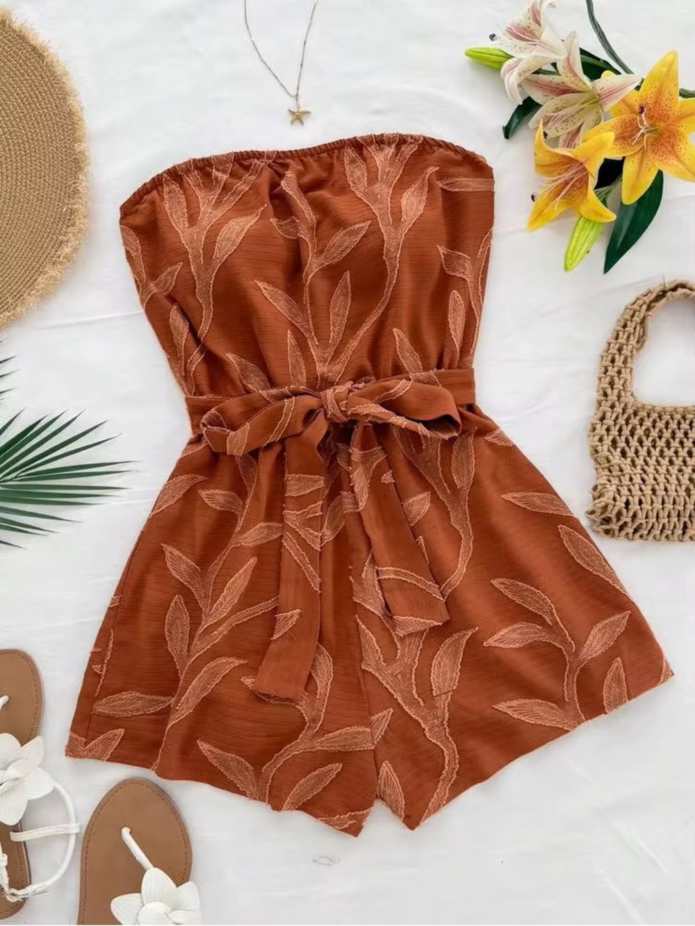 Soleia Plus Size 2XL Orange Willow Branch Textured Fabric Strapless Romper